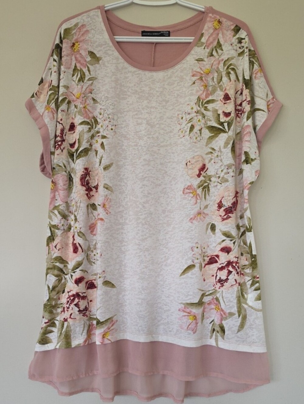 Amanda Green Pink Floral Layered Look Tunic Top Size 2X